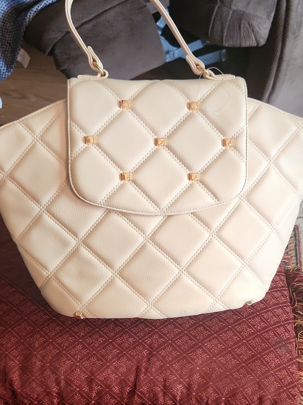Cato Quilted Cream Satchel with Gold Studs
